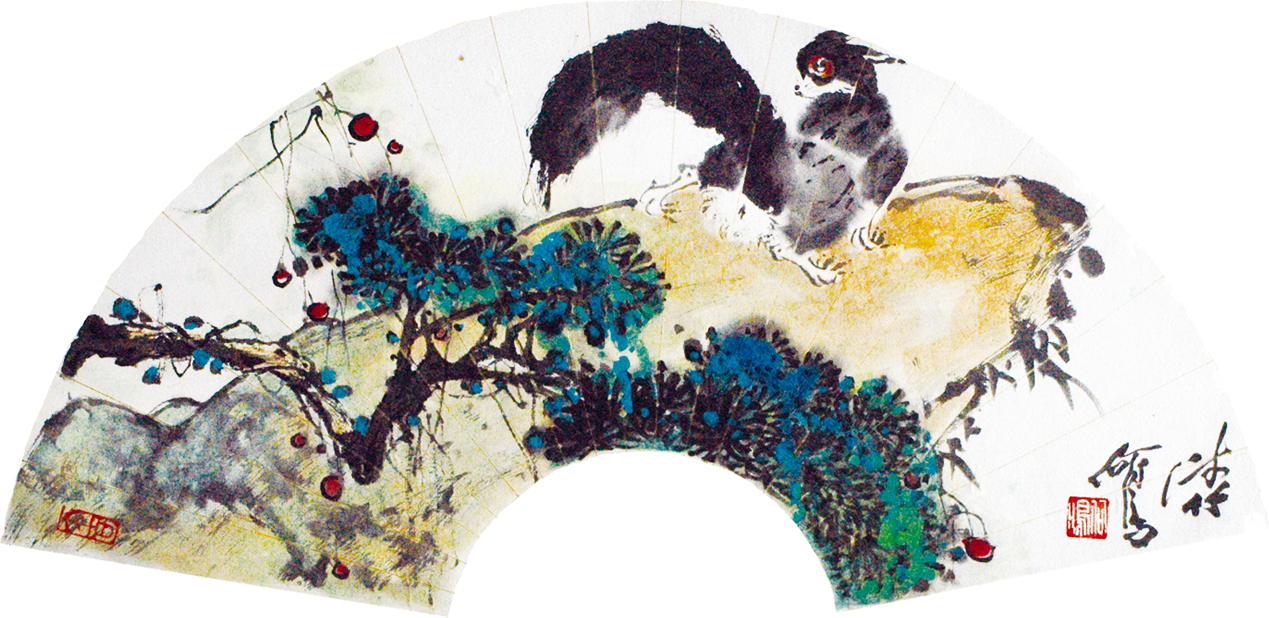 国産限定品扇面日本画 画像江文人 「七面鳥之図」 花鳥、鳥獣